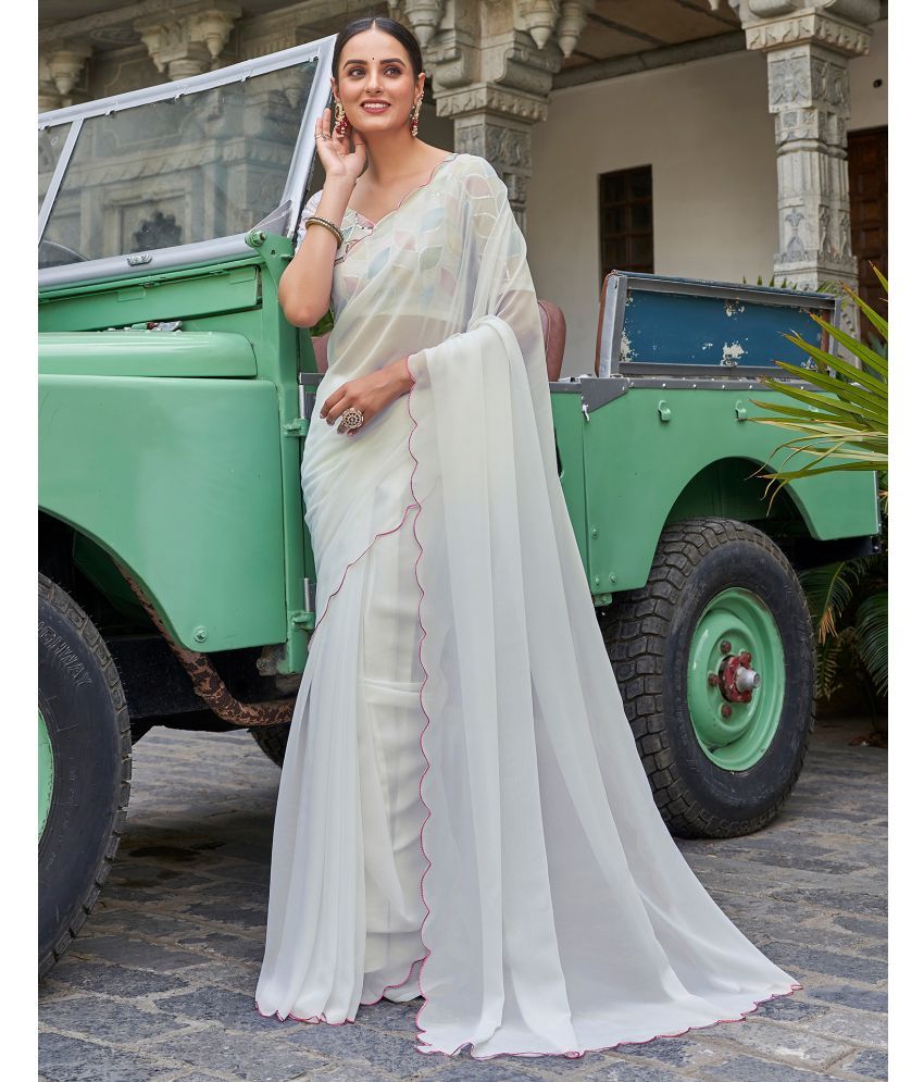     			Samah Georgette Solid Saree With Blouse Piece - White ( Pack of 1 )