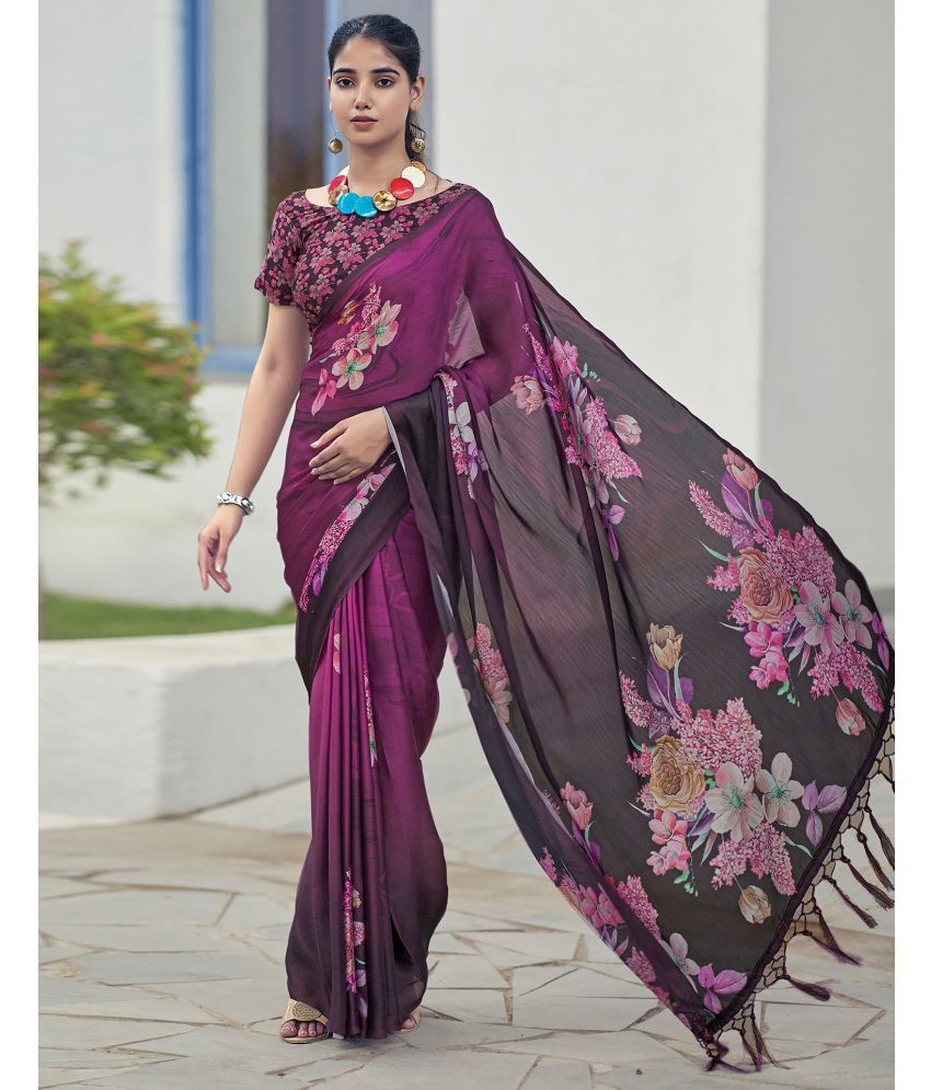     			Samah Satin Printed Saree With Blouse Piece - Purple ( Pack of 1 )