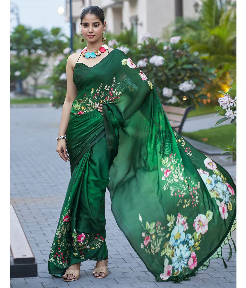     			Samah Satin Printed Saree With Blouse Piece - Green ( Pack of 1 )
