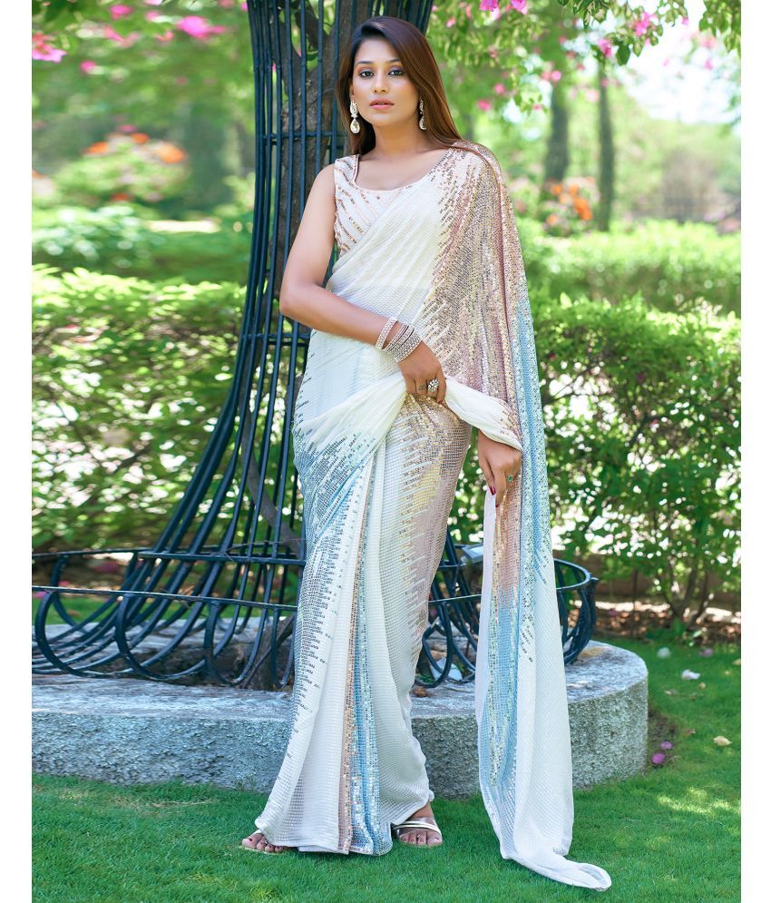     			Satrani Georgette Embellished Saree With Blouse Piece - White ( Pack of 1 )