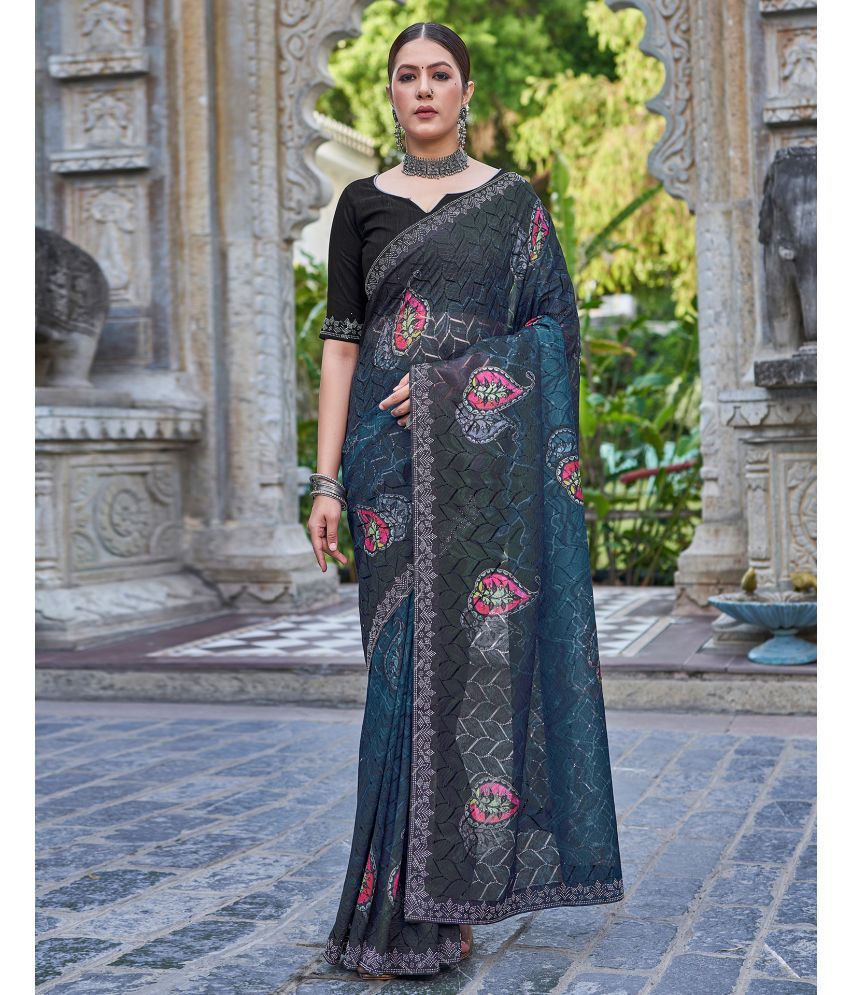     			Satrani Net Printed Saree With Blouse Piece - Rama ( Pack of 1 )