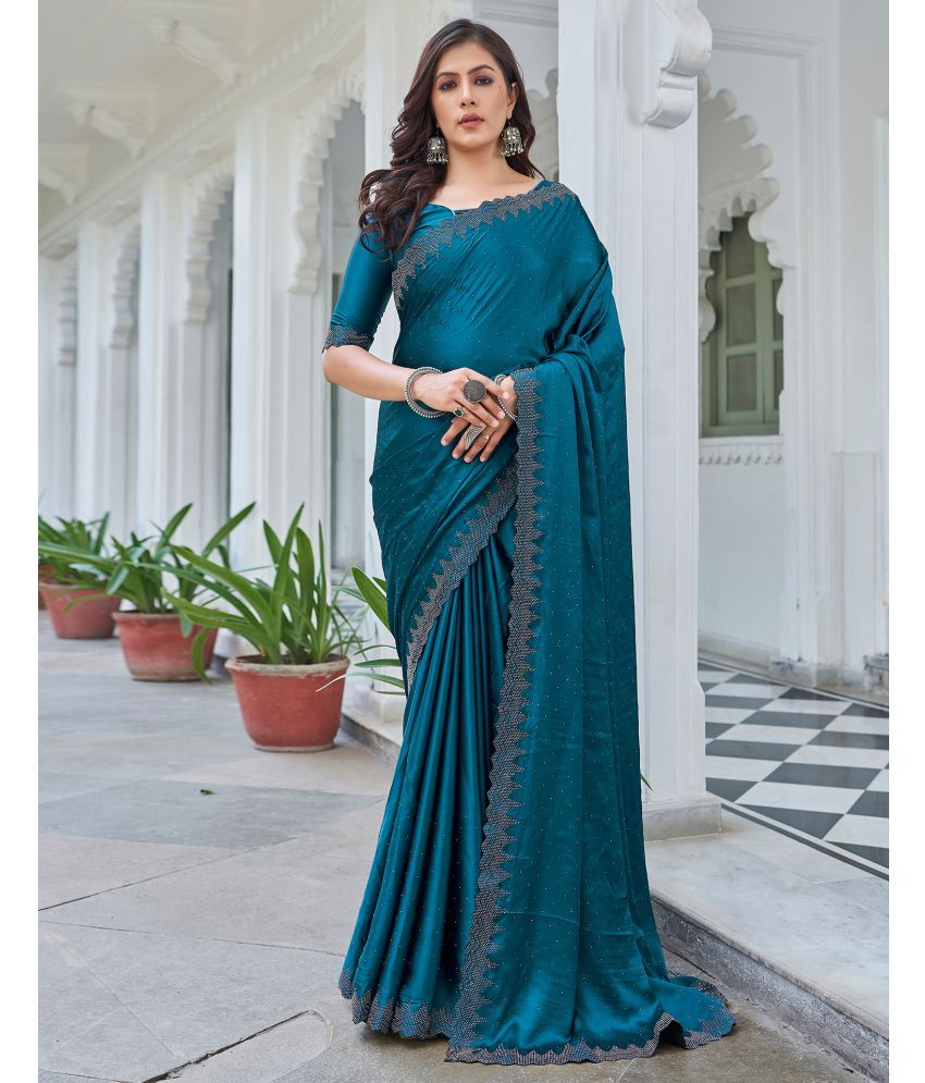     			Satrani Satin Embellished Saree With Blouse Piece - Teal ( Pack of 1 )