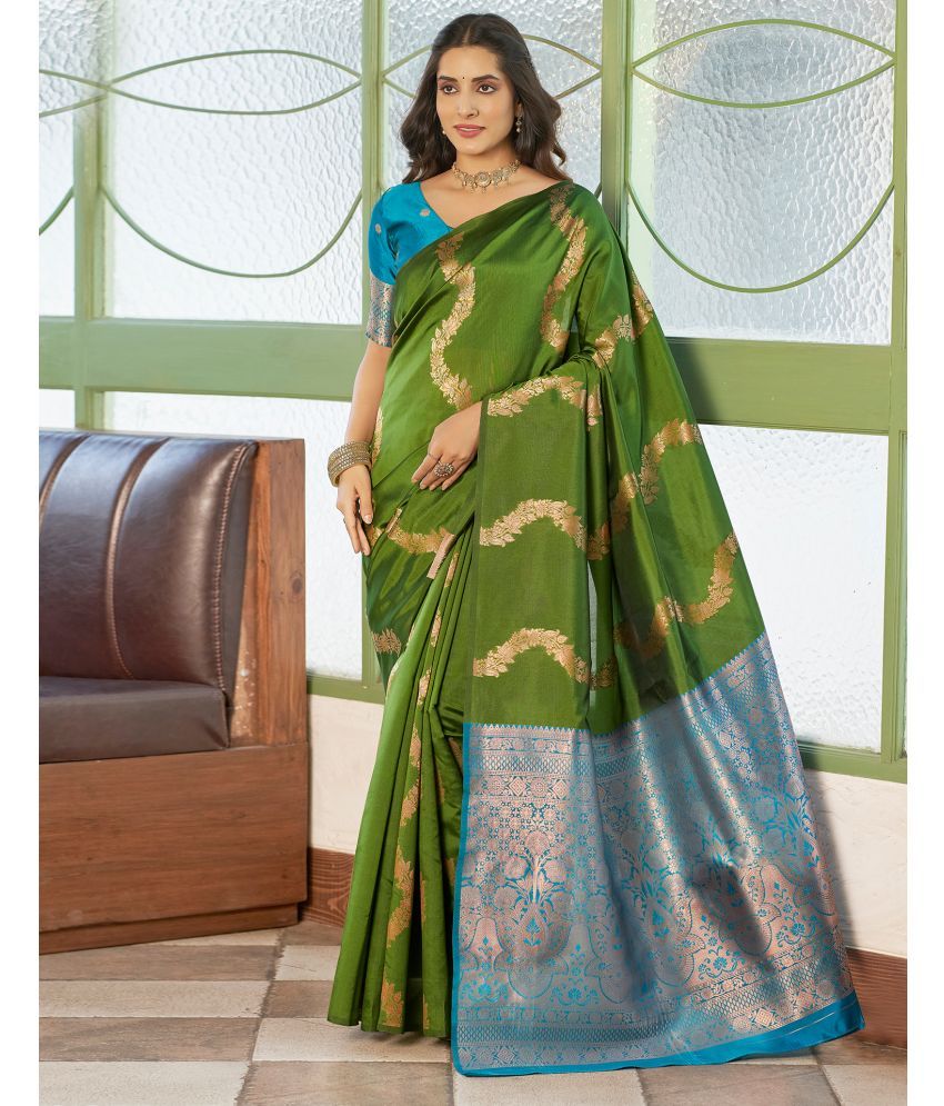     			Satrani Silk Blend Woven Saree With Blouse Piece - Olive ( Pack of 1 )