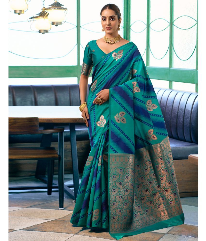     			Satrani Silk Blend Woven Saree With Blouse Piece - Teal ( Pack of 1 )