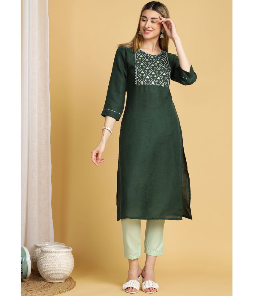     			TRAHIMAM Cotton Blend Embroidered Kurti With Pants Women's Stitched Salwar Suit - Green ( Pack of 1 )