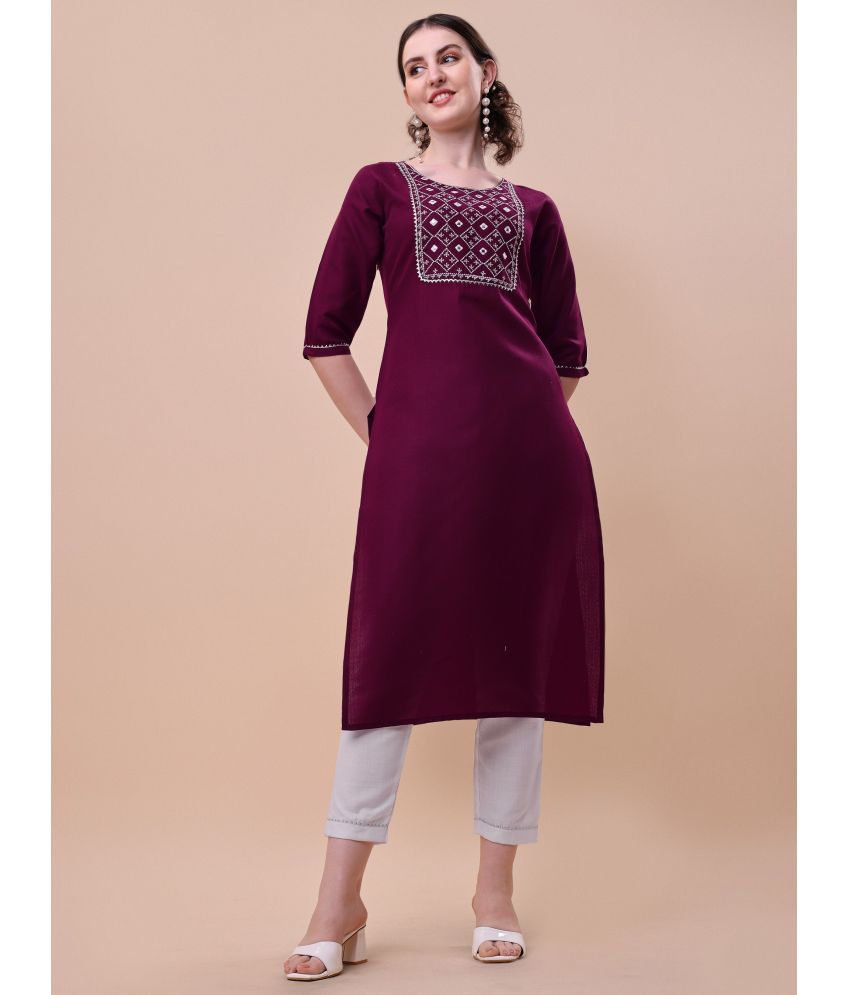     			TRAHIMAM Cotton Blend Embroidered Kurti With Pants Women's Stitched Salwar Suit - Purple ( Pack of 1 )