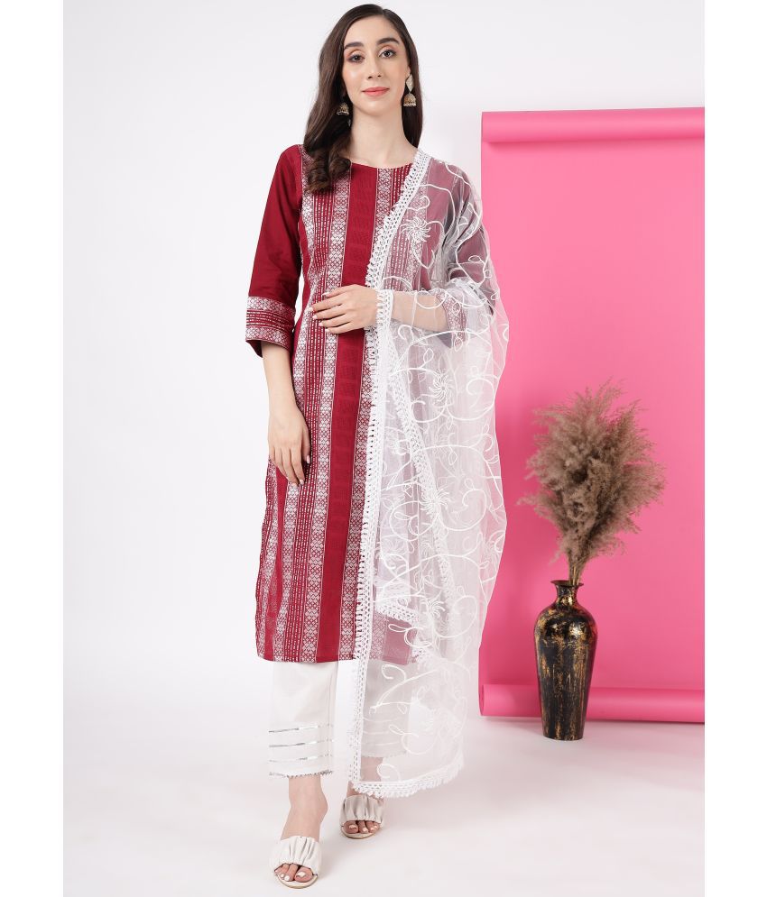     			TRAHIMAM Cotton Blend Printed Kurti With Pants Women's Stitched Salwar Suit - Maroon ( Pack of 1 )