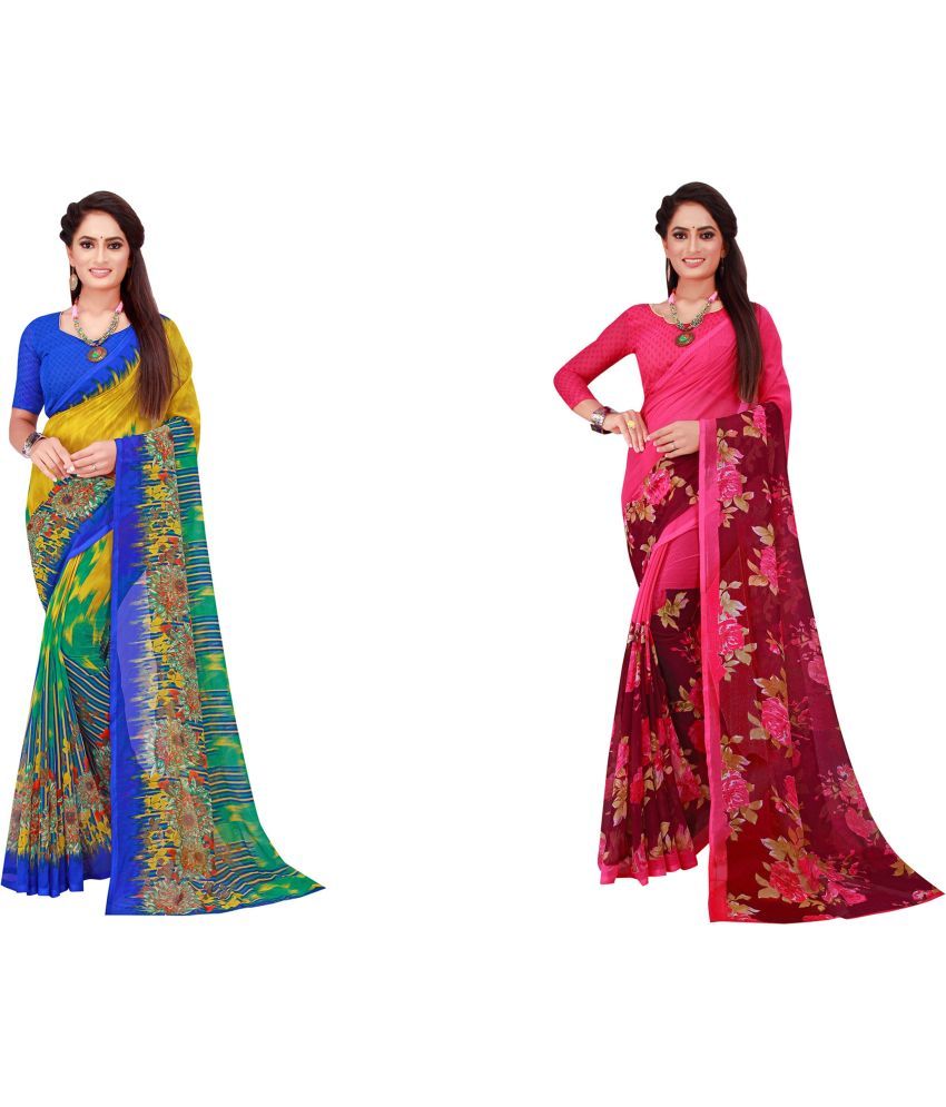     			Vkaran Cotton Silk Printed Saree With Blouse Piece - Multicolor ( Pack of 2 )