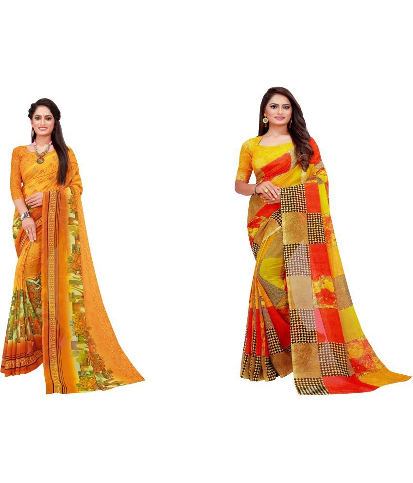     			Vkaran Cotton Silk Printed Saree With Blouse Piece - Multicolor ( Pack of 2 )