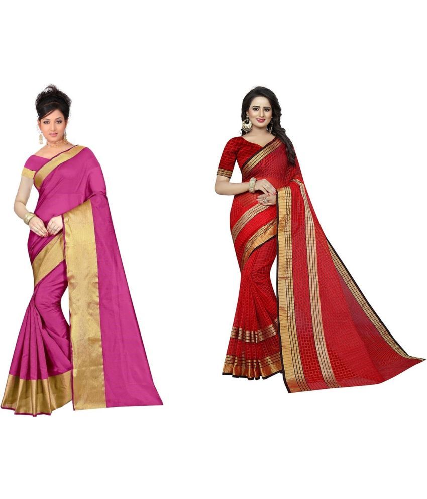     			Vkaran Cotton Silk Printed Saree With Blouse Piece - Multicolor ( Pack of 2 )