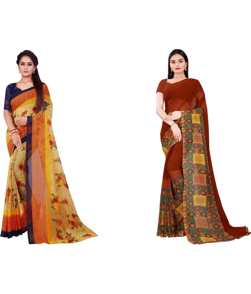     			Vkaran Cotton Silk Printed Saree With Blouse Piece - Multicolor ( Pack of 2 )