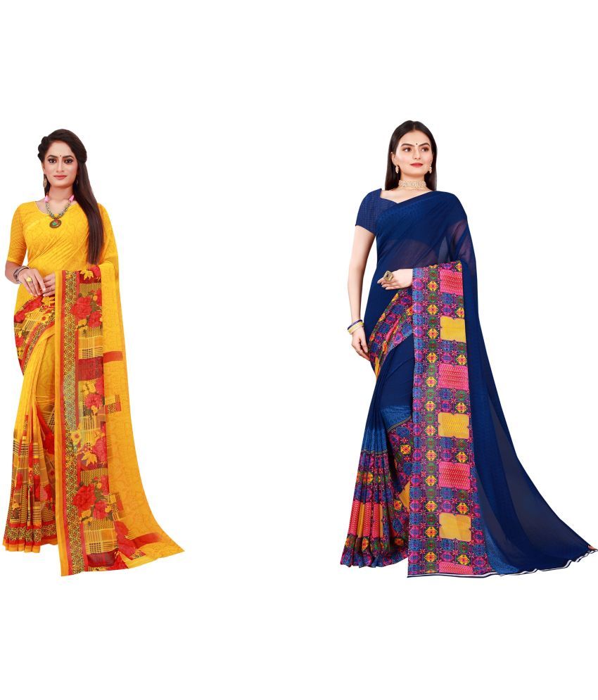     			Vkaran Cotton Silk Printed Saree With Blouse Piece - Multicolor ( Pack of 2 )