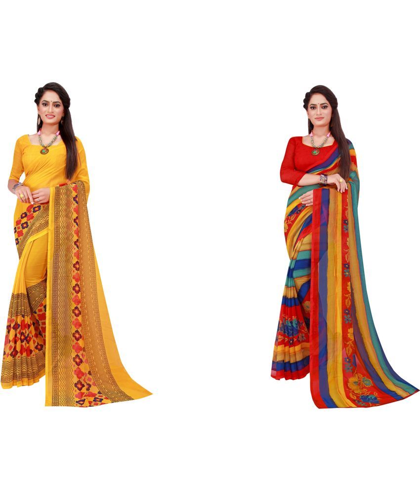     			Vkaran Cotton Silk Printed Saree With Blouse Piece - Multicolor ( Pack of 2 )