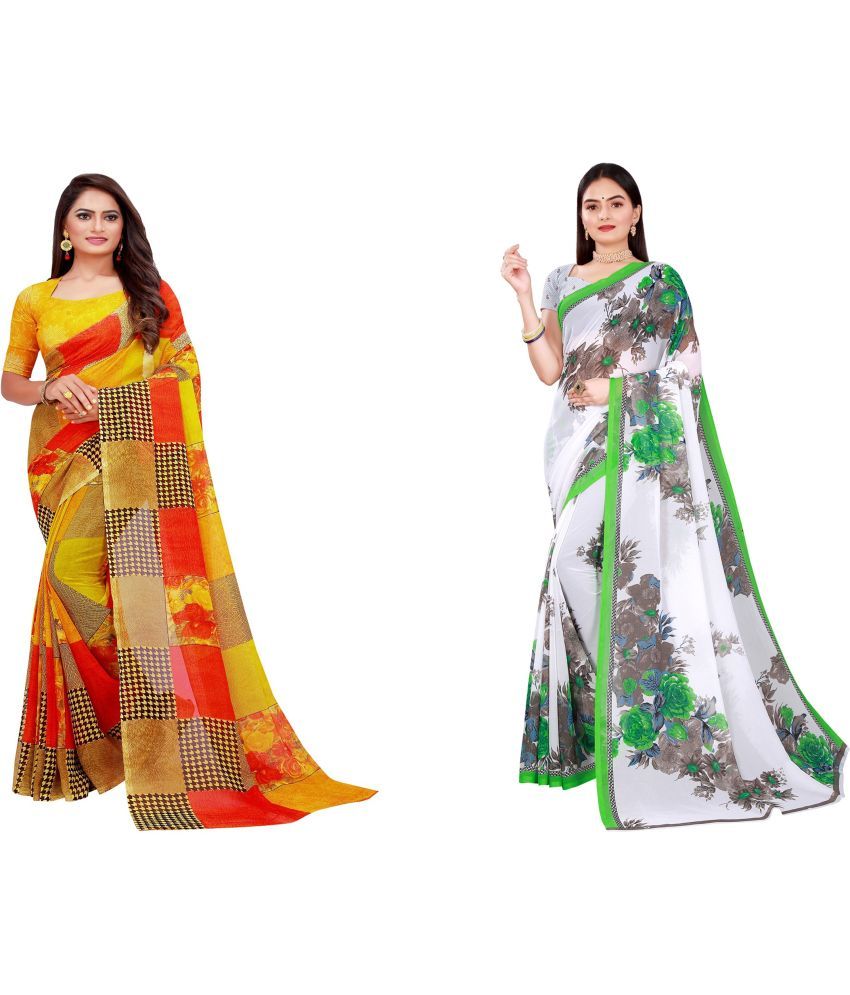     			Vkaran Cotton Silk Printed Saree With Blouse Piece - Multicolor ( Pack of 2 )