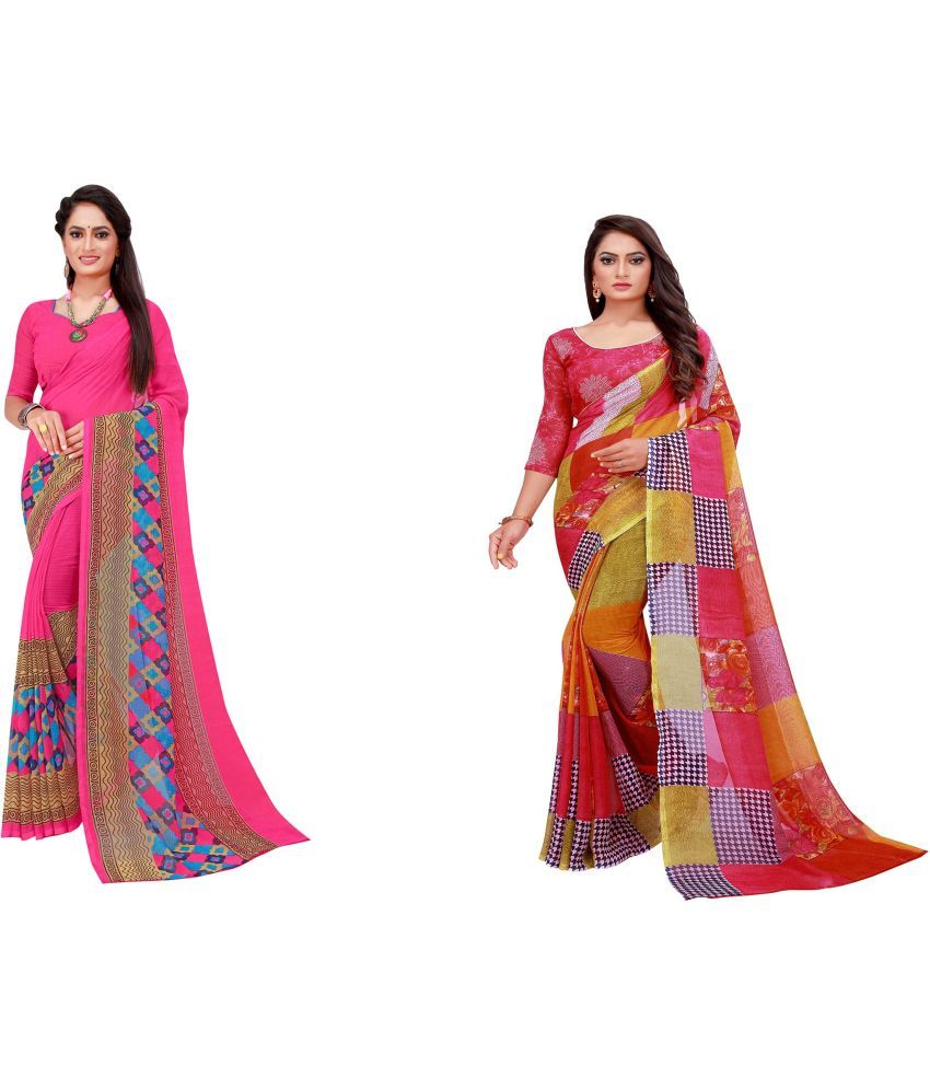     			Vkaran Cotton Silk Printed Saree With Blouse Piece - Multicolor ( Pack of 2 )