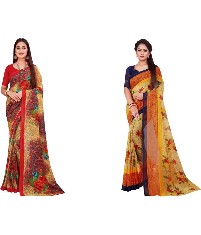     			Vkaran Cotton Silk Printed Saree With Blouse Piece - Multicolor ( Pack of 2 )