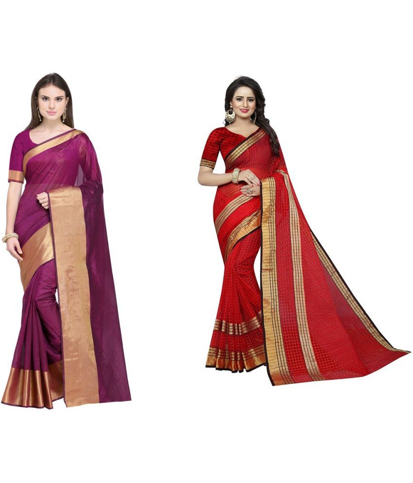     			Vkaran Cotton Silk Printed Saree With Blouse Piece - Multicolor ( Pack of 2 )