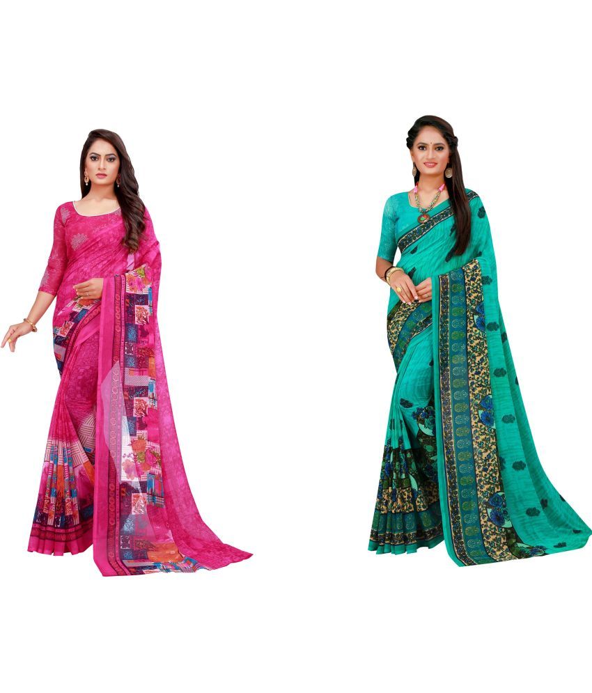     			Vkaran Cotton Silk Printed Saree With Blouse Piece - Multicolor ( Pack of 2 )