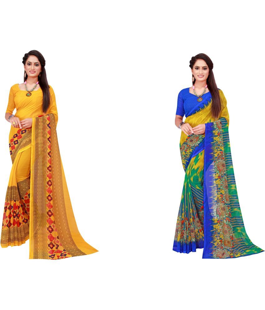     			Vkaran Cotton Silk Printed Saree With Blouse Piece - Multicolor ( Pack of 2 )