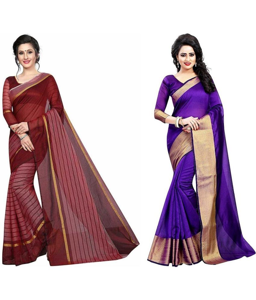     			Vkaran Cotton Silk Printed Saree With Blouse Piece - Multicolor ( Pack of 2 )