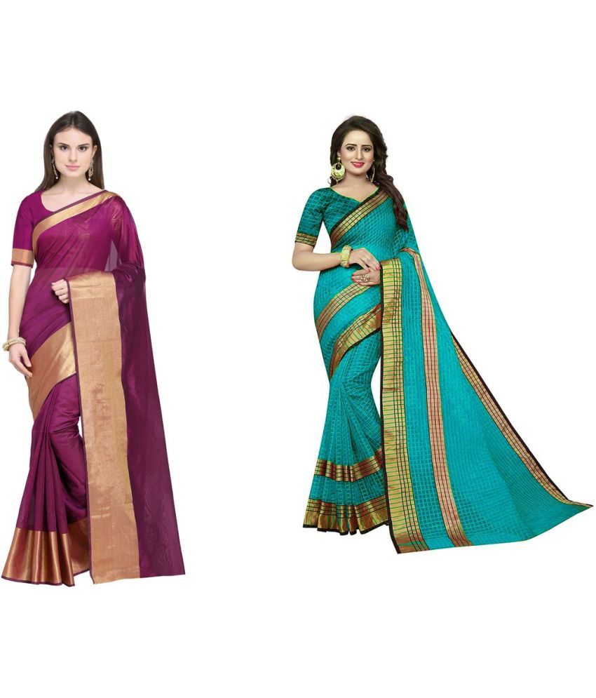     			Vkaran Cotton Silk Printed Saree With Blouse Piece - Multicolor ( Pack of 2 )