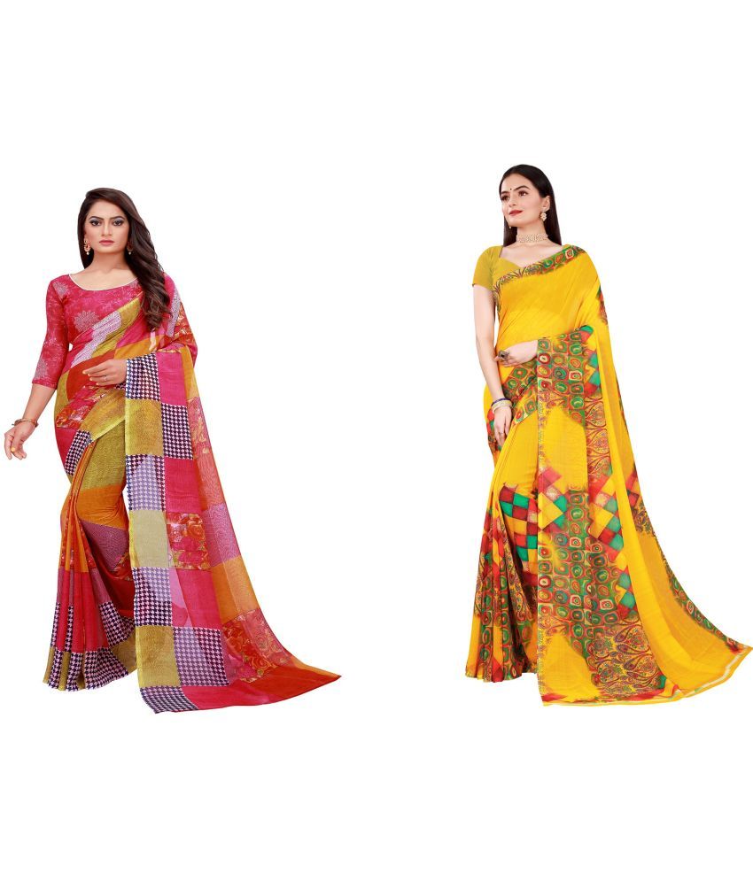     			Vkaran Cotton Silk Printed Saree With Blouse Piece - Multicolor ( Pack of 2 )