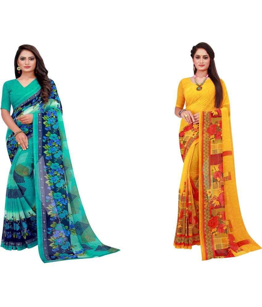     			Vkaran Cotton Silk Printed Saree With Blouse Piece - Multicolor ( Pack of 2 )