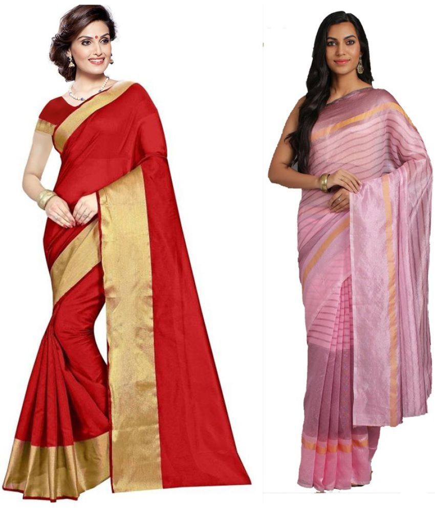     			Vkaran Cotton Silk Printed Saree With Blouse Piece - Multicolor ( Pack of 2 )