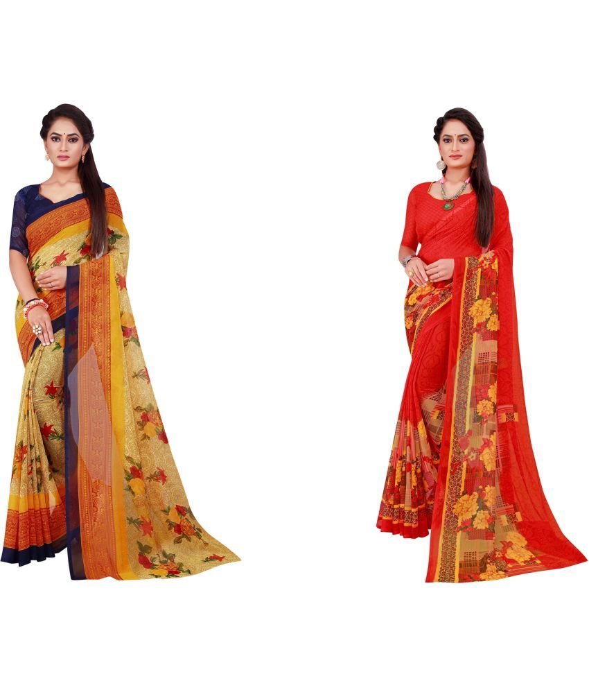     			Vkaran Cotton Silk Printed Saree With Blouse Piece - Multicolor ( Pack of 2 )