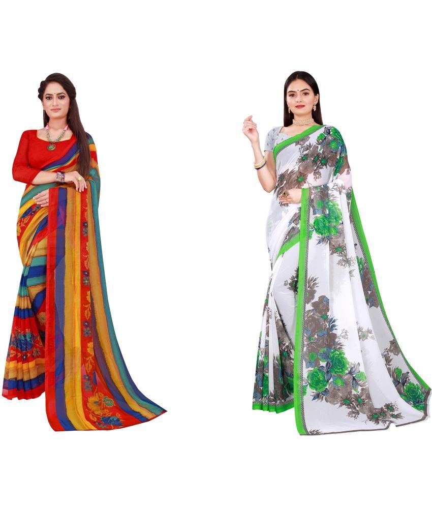     			Vkaran Cotton Silk Printed Saree With Blouse Piece - Multicolor ( Pack of 2 )