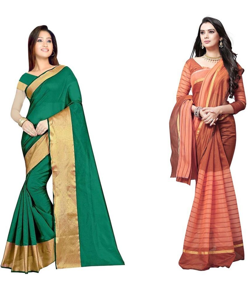     			Vkaran Cotton Silk Printed Saree With Blouse Piece - Multicolor ( Pack of 2 )