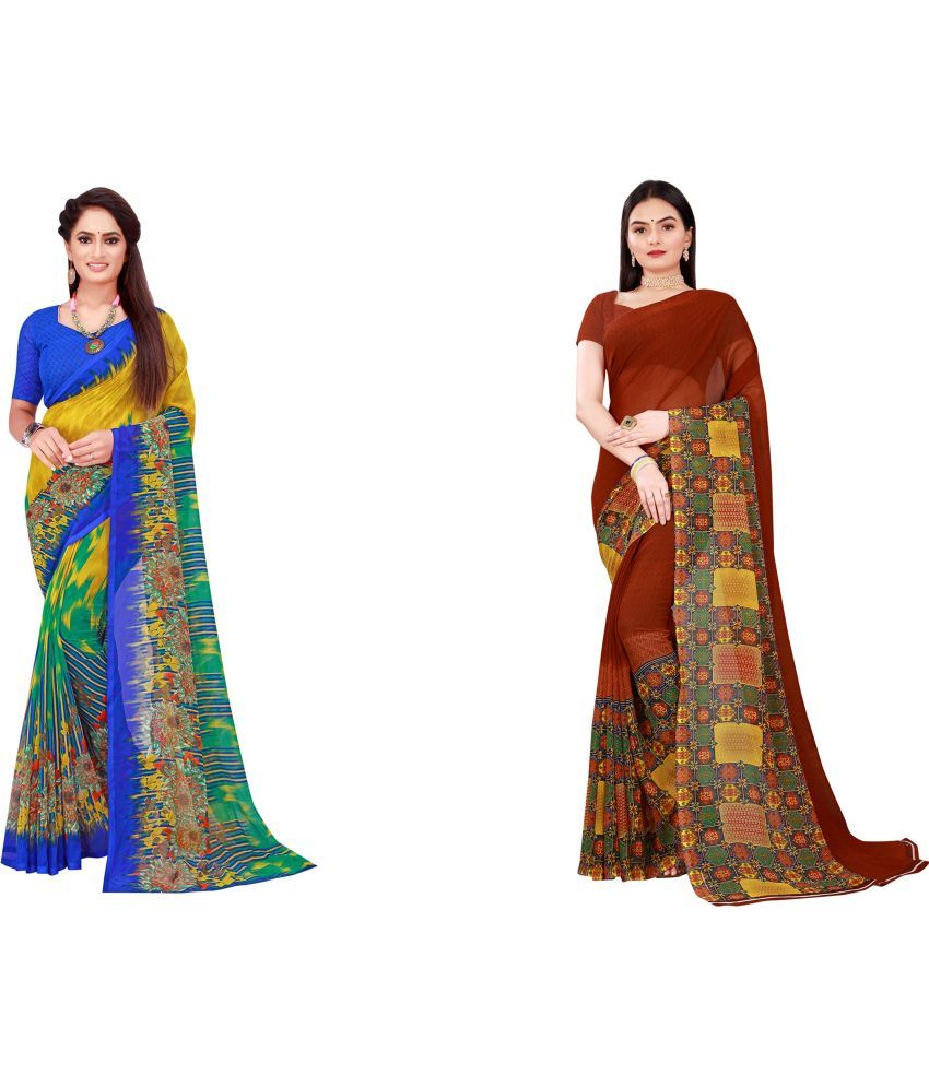     			Vkaran Cotton Silk Printed Saree With Blouse Piece - Multicolor ( Pack of 2 )