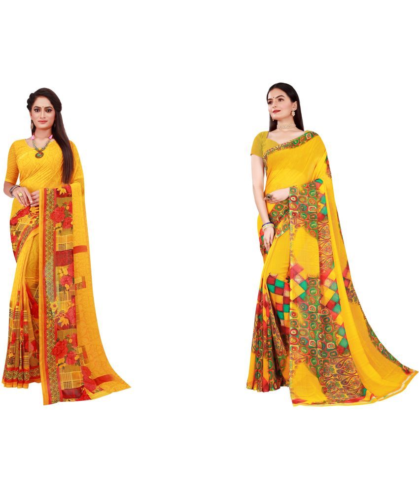     			Vkaran Cotton Silk Printed Saree With Blouse Piece - Multicolor ( Pack of 2 )