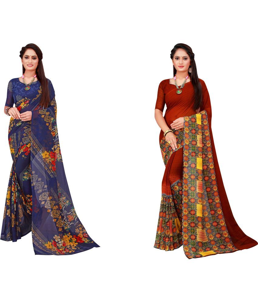     			Vkaran Cotton Silk Printed Saree With Blouse Piece - Multicolor ( Pack of 2 )