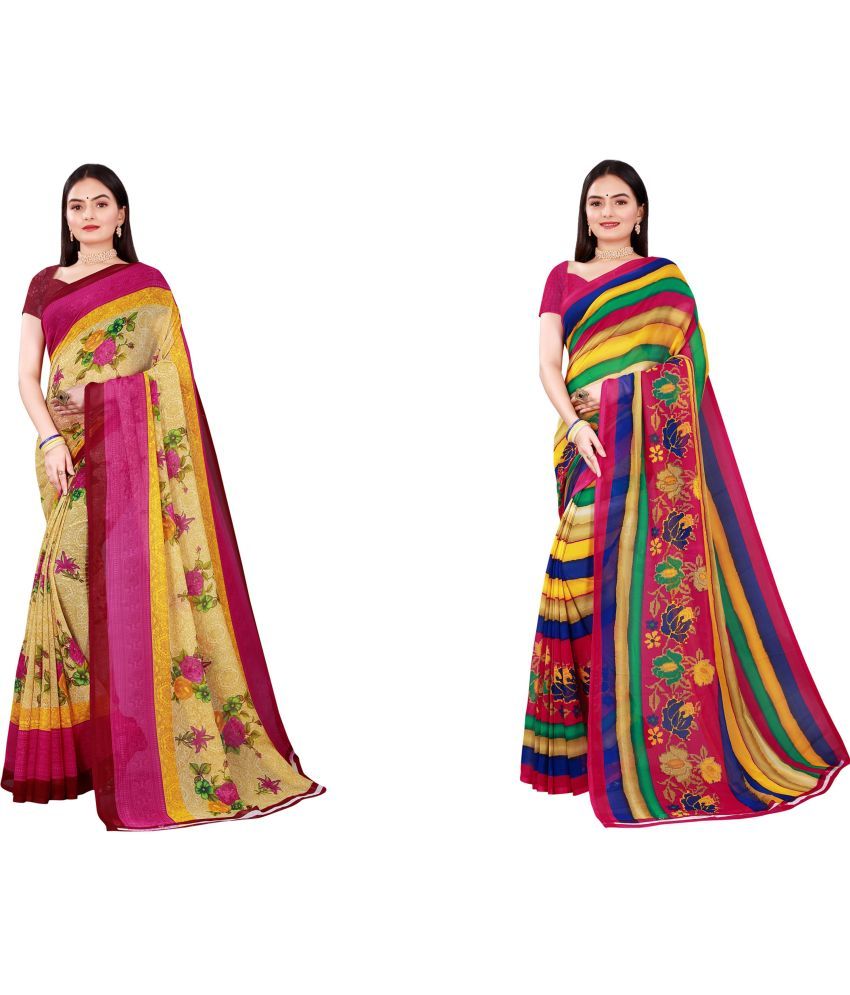     			Vkaran Cotton Silk Printed Saree With Blouse Piece - Multicolor ( Pack of 2 )