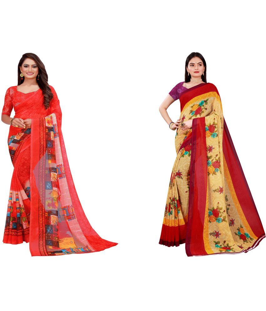     			Vkaran Cotton Silk Printed Saree With Blouse Piece - Multicolor ( Pack of 2 )