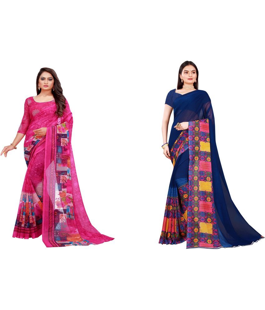     			Vkaran Cotton Silk Printed Saree With Blouse Piece - Multicolor ( Pack of 2 )