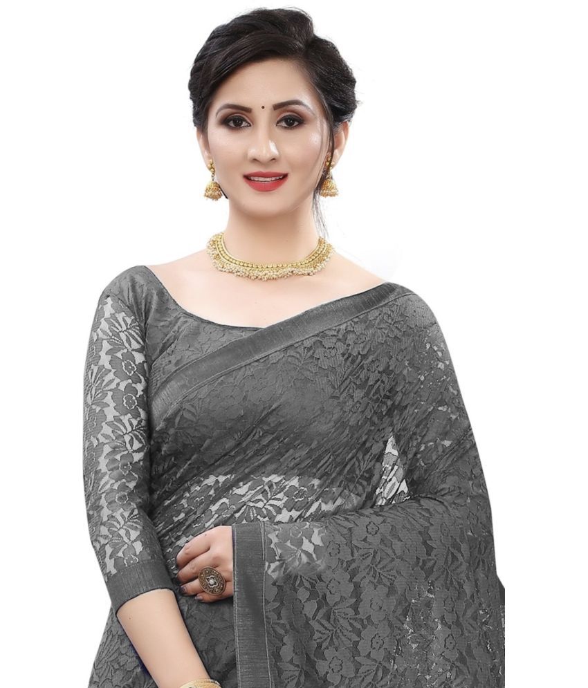     			Vkaran Net Cut Outs Saree With Blouse Piece - GREY ( Pack of 1 )