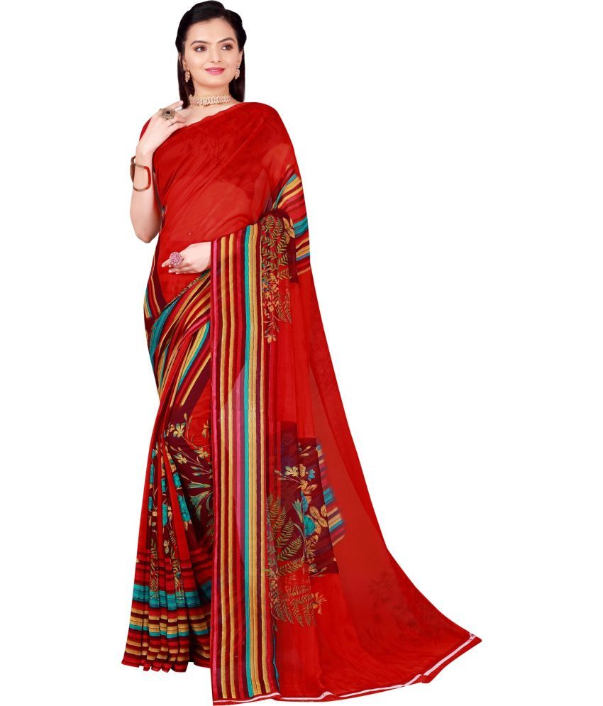     			Vkaran Net Cut Outs Saree With Blouse Piece - Red ( Pack of 1 )