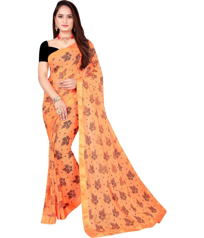     			Vkaran Net Cut Outs Saree With Blouse Piece - Orange ( Pack of 1 )