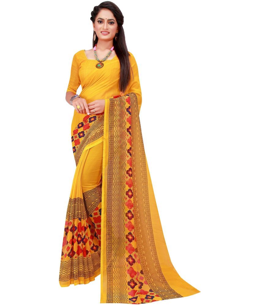     			Vkaran Net Cut Outs Saree With Blouse Piece - Yellow ( Pack of 1 )