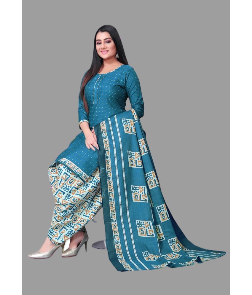     			WOW ETHNIC Unstitched Cotton Blend Printed Dress Material - Turquoise ( Pack of 1 )