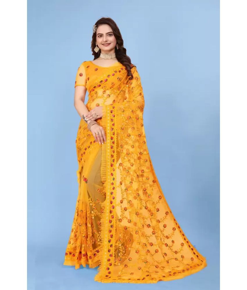     			A TO Z CART Net Embroidered Saree With Blouse Piece - Yellow ( Pack of 1 )