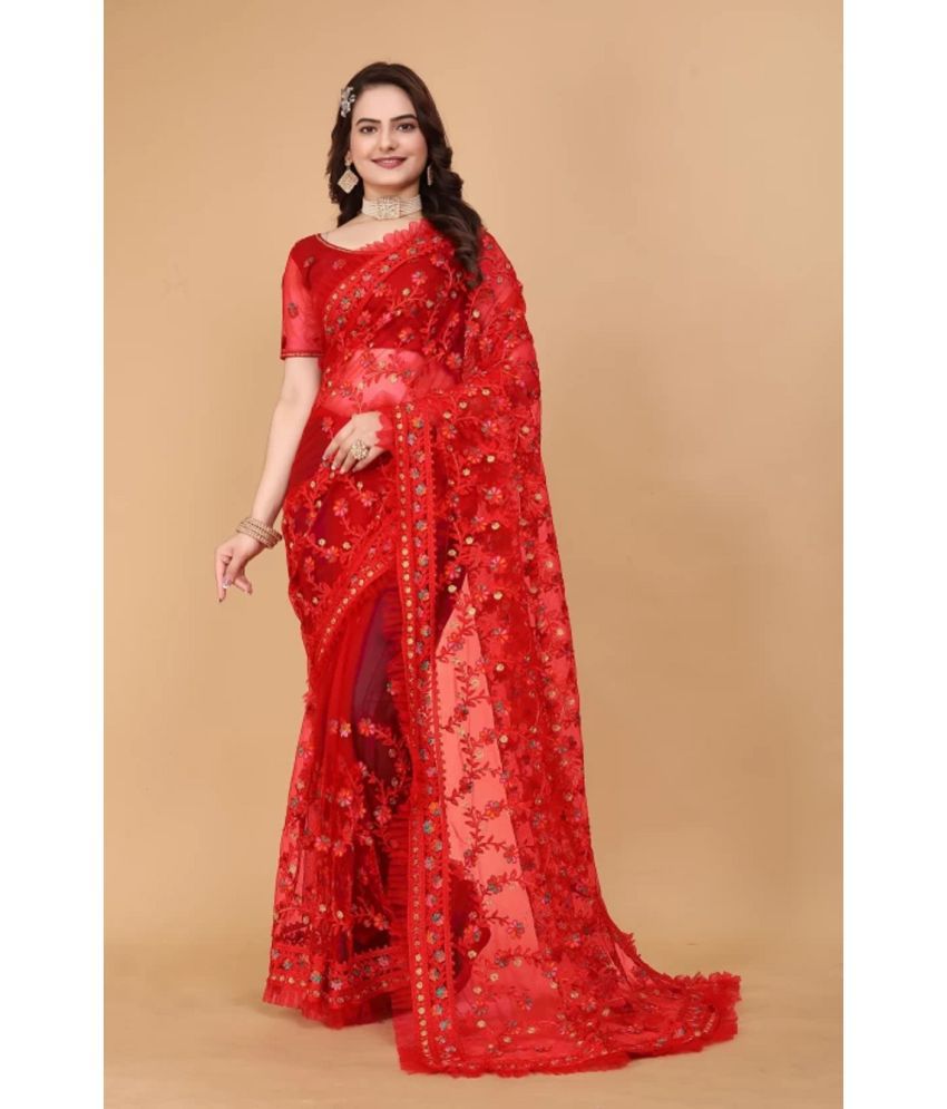     			A TO Z CART Net Embroidered Saree With Blouse Piece - Red ( Pack of 1 )