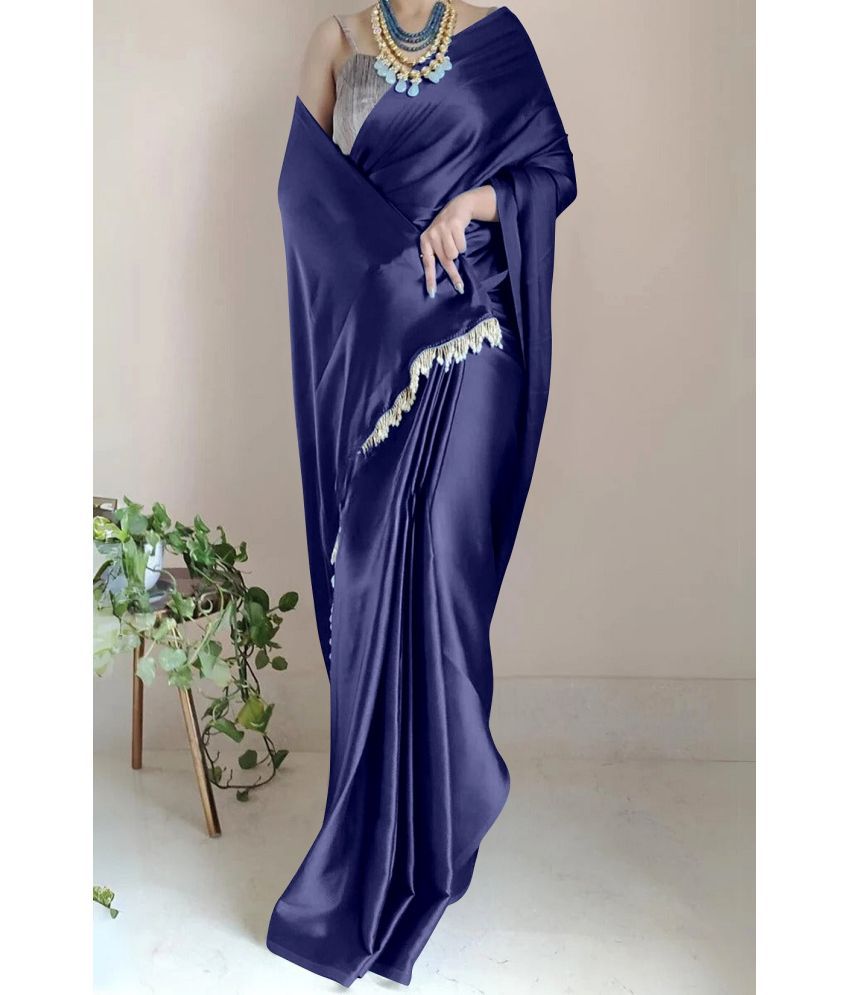     			Aika Satin Solid Saree With Blouse Piece - Navy Blue ( Pack of 1 )