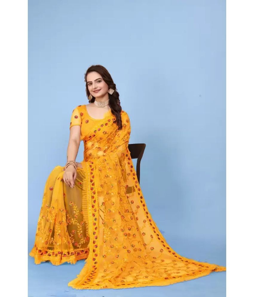     			Apnisha Net Embroidered Saree With Blouse Piece - Yellow ( Pack of 1 )