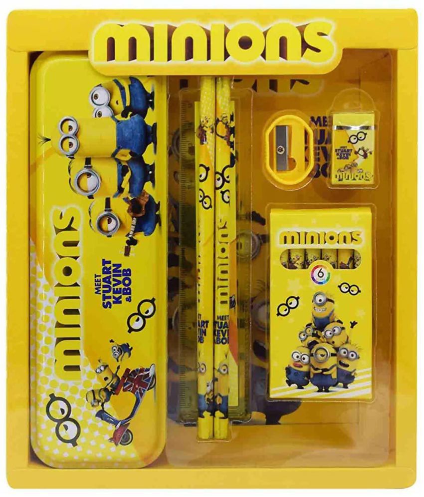     			RAINBOW RIDERS Stationery Kit Set for Boys and Girls, School Supply Stationery Kit Included Metal Pencil Box/Two Pencil/Eraser/Sharpner/Ruler Scale & 6 pcs Crayon Colors (Minions Stationery Set)