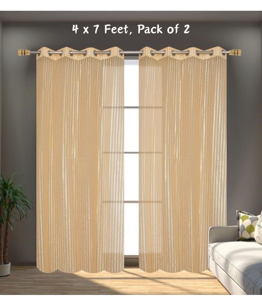     			SWIZIER Vertical Striped Semi-Transparent Eyelet Curtain 7 ft ( Pack of 2 ) - Gold