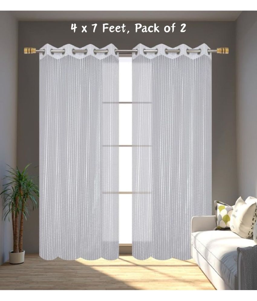     			SWIZIER Vertical Striped Semi-Transparent Eyelet Curtain 7 ft ( Pack of 2 ) - White