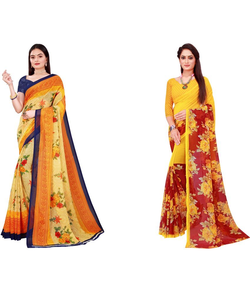     			Saadhvi Cotton Silk Printed Saree With Blouse Piece - Multicolor ( Pack of 2 )